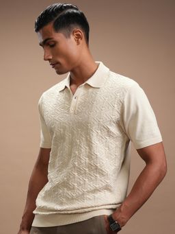 HIGHLANDER - Men Self Design Polo T-Shirt - Beige