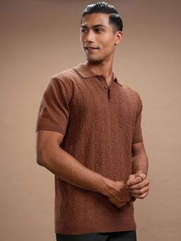 HIGHLANDER - Men Self Design Polo T-Shirt - Brown