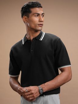 HIGHLANDER - Men Self Design Polo T-Shirt - Black