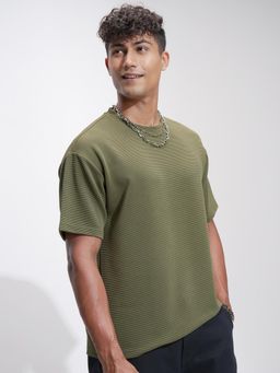 HIGHLANDER - Men Self Design Crew Neck Oversized T-Shirt - Olive