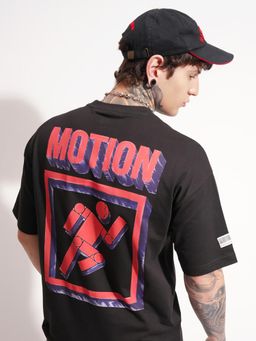 HIGHLANDER - Printed Crew Neck Drop-Shoulder Sleeves Cotton Oversized T-Shirt - Black