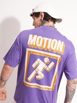 HIGHLANDER - Printed Crew Neck Drop-Shoulder Sleeves Cotton Oversized T-Shirt - Purple