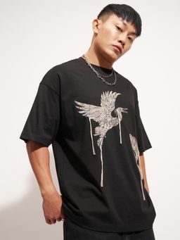 HIGHLANDER - Embroidered Crew Neck Drop-Shoulder Sleeves Cotton Oversized T-Shirt - Black