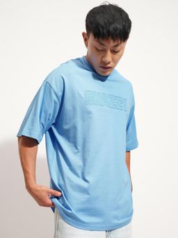 HIGHLANDER - Typography Crew Neck Drop-Shoulder Sleeves Cotton Oversized T-Shirt - Blue