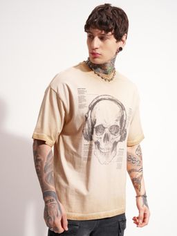 HIGHLANDER - Graphic Printed Crew Neck Drop-Shoulder Sleeves Cotton Oversized T-Shirt - Brown