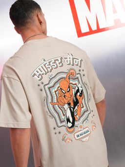 HIGHLANDER - Men Spider-Man Cream Crew Neck Oversized Drop Shoulder T-Shirt