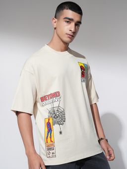 HIGHLANDER - Spiderman Men Cream Crew Neck Drop Shoulder Graphic T-Shirt