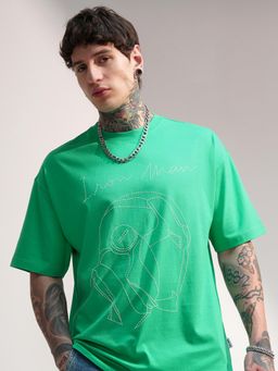 HIGHLANDER - Iron Man Embroidered Drop-Shoulder Sleeves Cotton T-Shirt - Green