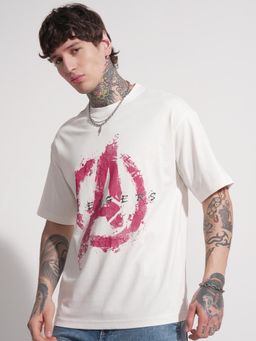 HIGHLANDER - Avengers Men Off White Crew Neck Relaxed Drop Shoulder Printed T-Shirt