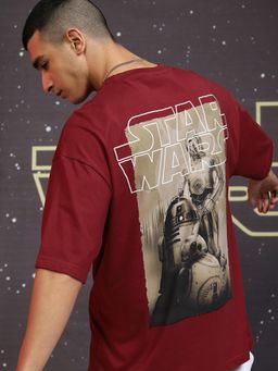 HIGHLANDER - Men Star War Graphic Printed Drop Shoulder Sleeves Oversized Cotton T-Shirt - Maroon