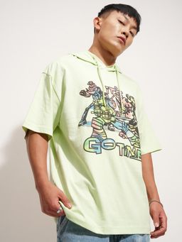 HIGHLANDER - Printed Hooded Drop-Shoulder Sleeves Cotton Oversized T-Shirt - Green