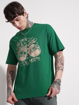 HIGHLANDER - Warner Bros Rick and Morty Men Green Crew Neck Relaxed Drop Shoulder Graphic T-Shirt