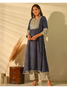GULABI DORI - Perky Indigo Shantung Anarkali and Pant (Set of 2)