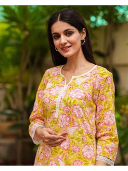 GULABI DORI - Grass Yellow Floral Cotton Kurta