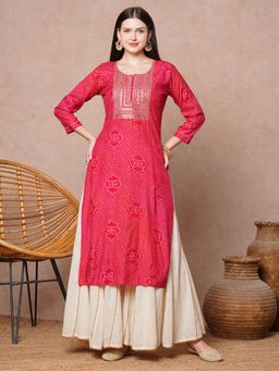 FASHOR - Ethnic Bandhani Printed And Embroidered Straight Fit Kurta - Pink