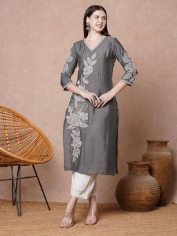 FASHOR - Solid Floral Embroidered Straight Fit Kurta - Grey