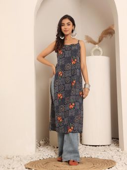 Varanga - Women Navy Blue Bandhani Floral Printed Kurta