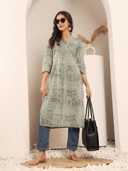 Varanga - Women Grey Stripe Printed V-Neck Straight Kurta