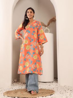 Varanga - Women Orange Floral Printed V-Neck A-Line Kurta