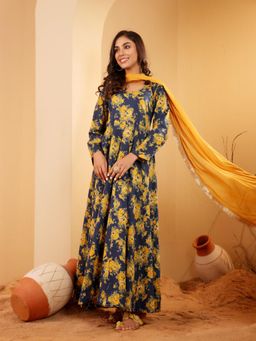 Varanga - Women Navy Blue Floral Printed Anarkali Kurta With Dupatta (Set of 2)
