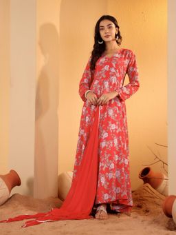 Varanga - Women Red Floral Printed Angarkha Style Kurta Paired With Dupatta (Set of 2)