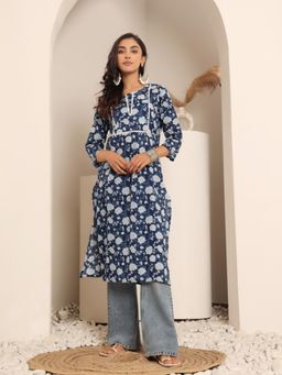 Varanga - Women Blue Floral Jaal Printed Straight Kurta