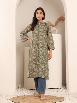 Varanga - Women Olive Floral Printed Mandarin Collar Kurta