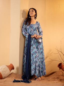 Varanga - Women Blue Floral Printed Anarkali Kurta Paired With Dupatta (Set of 2)