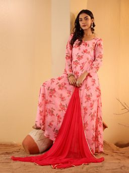 Varanga - Women Pink Floral Printed Anarkali Kurta Paired With Solid Dupatta (Set of 2)