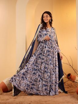 Varanga - Women Navy Blue Floral Printed V-Neck Anarkali Kurta Paired With Dupatta (Set of 2)