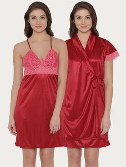 Clovia - Short Night Dress & Robe In Maroon Satin (Set of 2)
