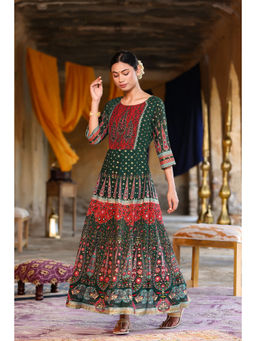 Juniper - Jade Green Ethnic Motif Printed Georgette Anarkali Dress with Buttons.