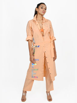Richaa Goenka - Peach Long trench Shirt and Pant