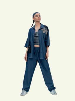 Richaa Goenka - Blue Denim Cotton Oversized Shirt with Pant