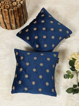 HOSTA HOMES - Navy Blue Pure Velvet Embroidered Cushion Covers (Pack of 2) (16 x 16 Inches)