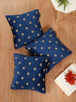 HOSTA HOMES - Navy Blue Pure Velvet Embroidered Cushion Covers (Pack of 3) (16 x 16 Inches)