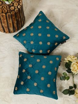 HOSTA HOMES - Teal Pure Velvet Embroidered Cushion Covers (Pack of 2) (16 x 16 Inches)