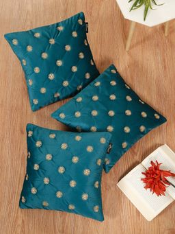 HOSTA HOMES - Teal Pure Velvet Embroidered Cushion Covers (Pack of 3) (16 x 16 Inches)
