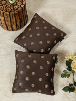 HOSTA HOMES - Brown Pure Velvet Embroidered Cushion Covers (Pack of 2) (16 x 16 Inches)