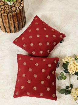 HOSTA HOMES - Maroon Pure Velvet Embroidered Cushion Covers (Pack of 2) (16 x 16 Inches)