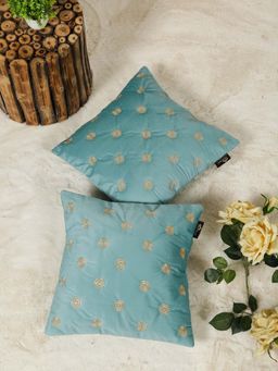HOSTA HOMES - Aqua Pure Velvet Embroidered Cushion Covers (Pack of 2) (16 x 16 Inches)