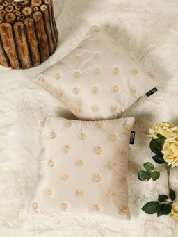 HOSTA HOMES - Cream Pure Velvet Embroidered Cushion Covers (Pack of 2) (16 x 16 Inches)