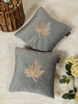 HOSTA HOMES - Grey Pure Velvet Embroidered Cushion Covers (Pack of 2) (16 x 16 Inches)