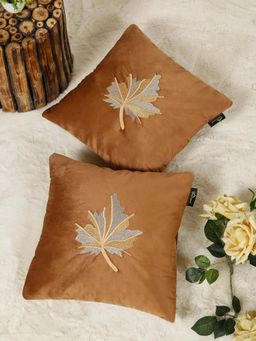 HOSTA HOMES - Rust Pure Velvet Embroidered Cushion Covers (Pack of 2) (16 x 16 Inches)
