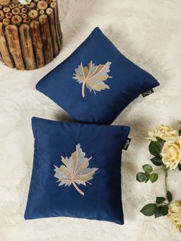 HOSTA HOMES - Navy Blue Pure Velvet Embroidered Cushion Covers (Pack of 2) (16 x 16 Inches)