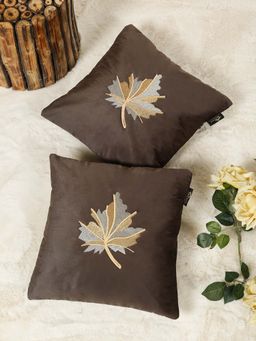 HOSTA HOMES - Brown Pure Velvet Embroidered Cushion Covers (Pack of 2) (16 x 16 Inches)