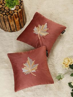 HOSTA HOMES - Pink Pure Velvet Embroidered Cushion Covers (Pack of 2) (16 x 16 Inches)