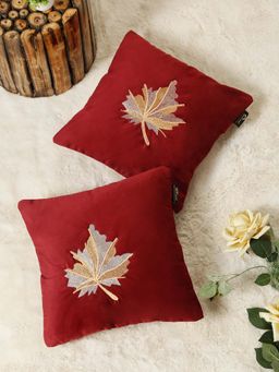 HOSTA HOMES - Maroon Pure Velvet Embroidered Cushion Covers (Pack of 2) (16 x 16 Inches)