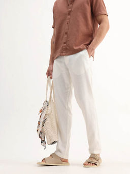 Rare Rabbit - White Linen Blend Fabric Plain Trouser