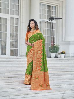 Odette - Gorgeous Woven Green Banarasi Silk Saree with Unstitched Blouse